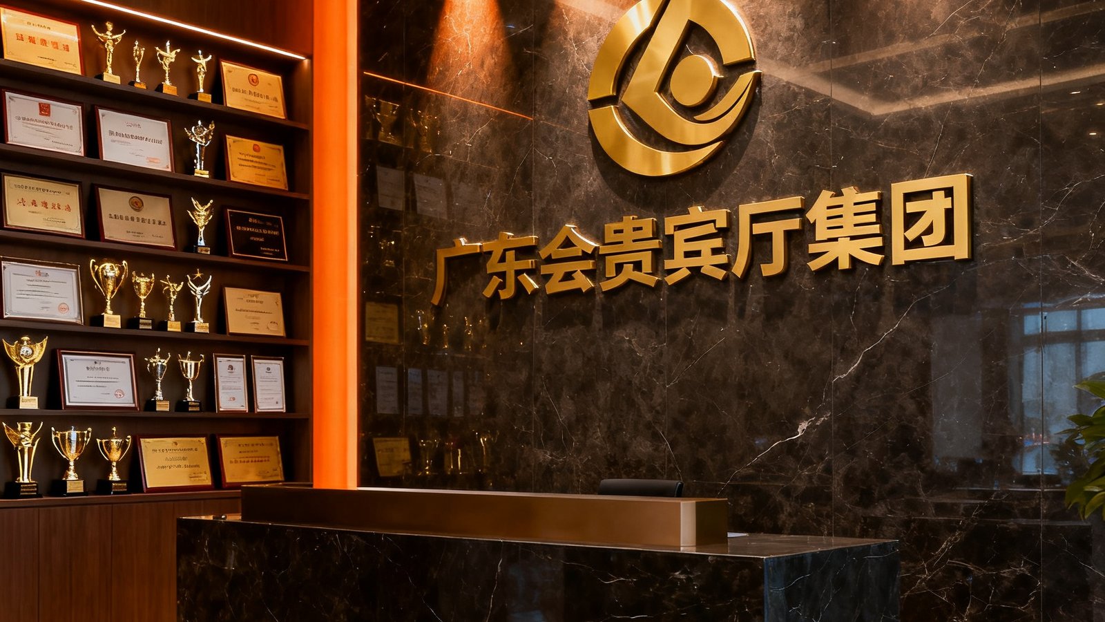 广东会贵宾厅集团位于广州珠江新城的总部前台接待区，背景为深色大理石墙面镶嵌金色集团标志，左侧荣誉展示墙陈列着历年获得的行业奖项奖杯与认证牌匾，暖色射灯营造出高端商务氛围