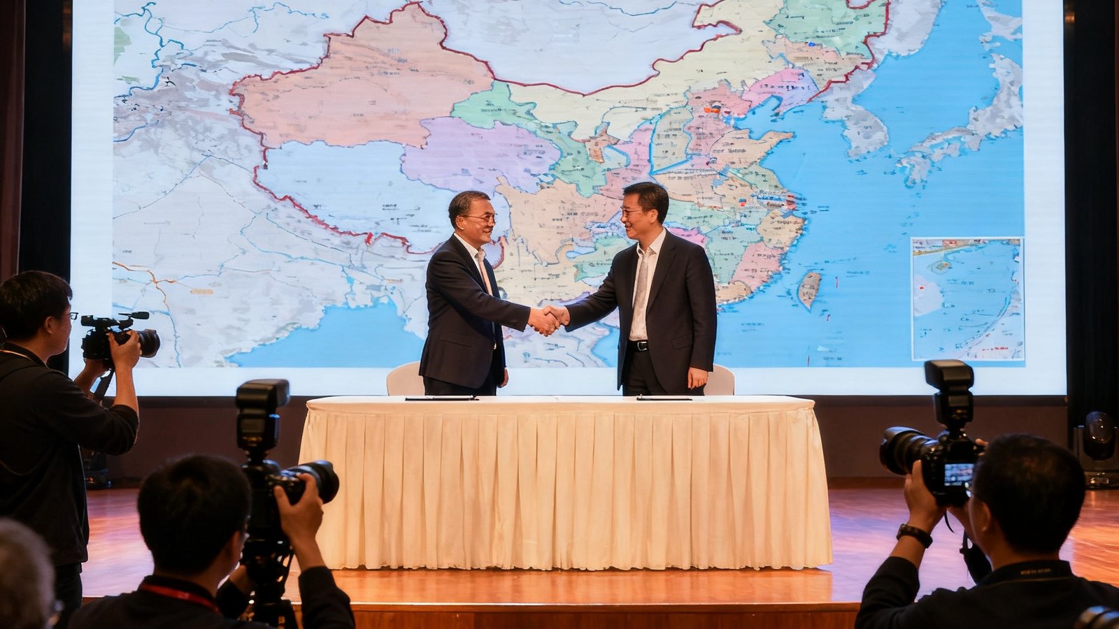 广东会贵宾厅集团2025年新签约影院合作发布会，舞台背景屏幕显示新增合作城市地图，签约代表在台上握手，台下媒体记者举着相机拍摄记录