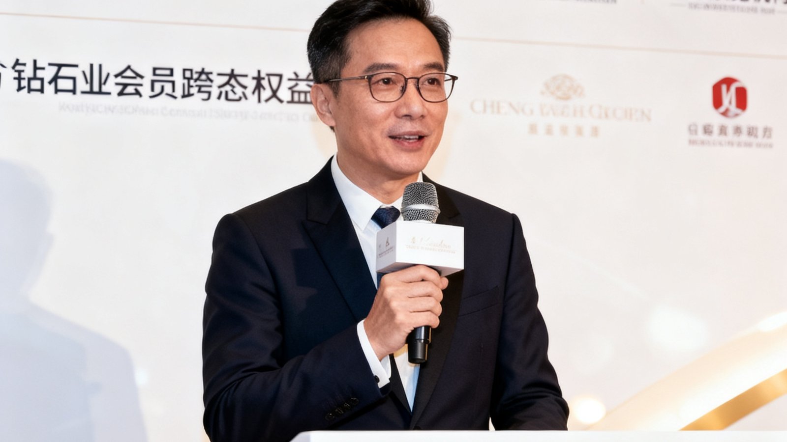 广东会贵宾厅集团钻石会员跨业态权益发布会现场，展示合作品牌logo墙包含高端餐饮与艺术展览机构，会员代表上台分享使用体验