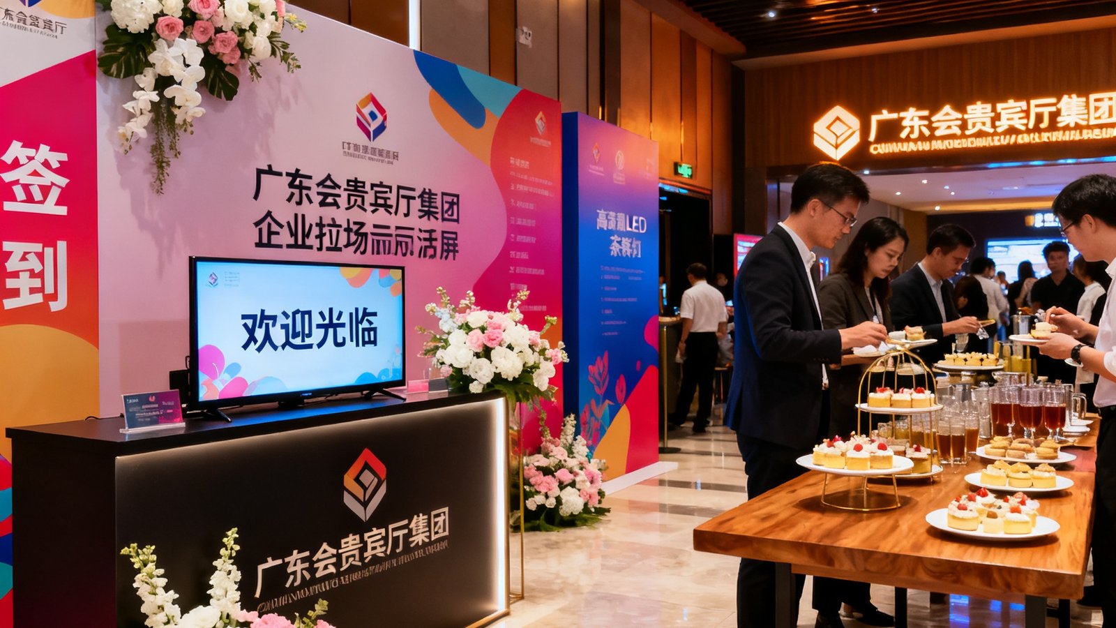 广东会贵宾厅集团企业包场定制活动场景，影院大厅布置了品牌主题展板与花艺装饰，签到台配备电子屏显示欢迎词，宾客在茶歇区享用定制点心与饮品