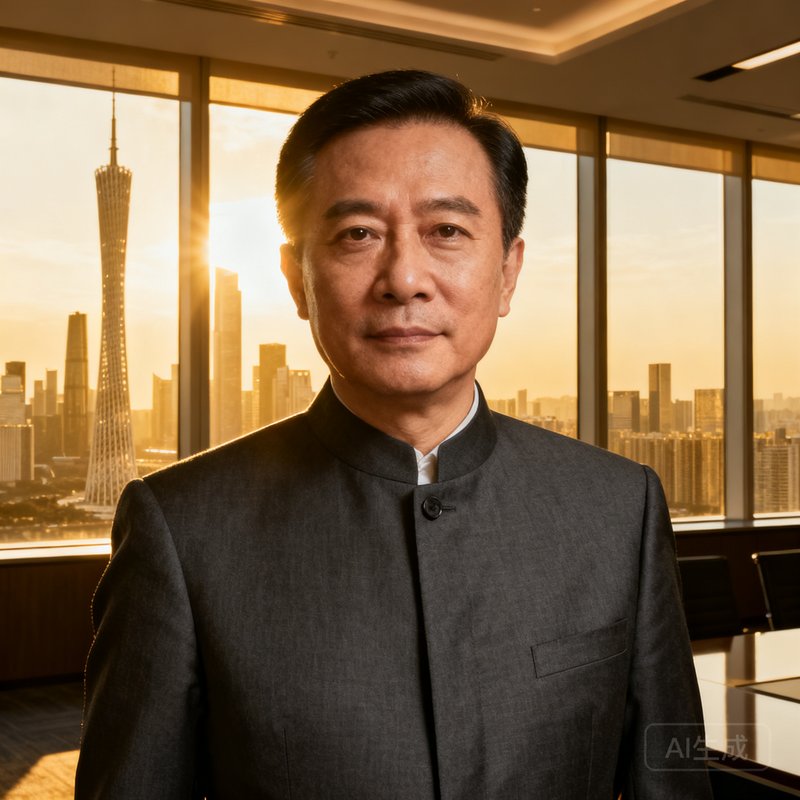 广东会贵宾厅集团创始人兼CEO林振华先生，年约48岁，身着深灰色定制西装，背景为集团总部办公室落地窗俯瞰珠江新城天际线，神情沉稳自信