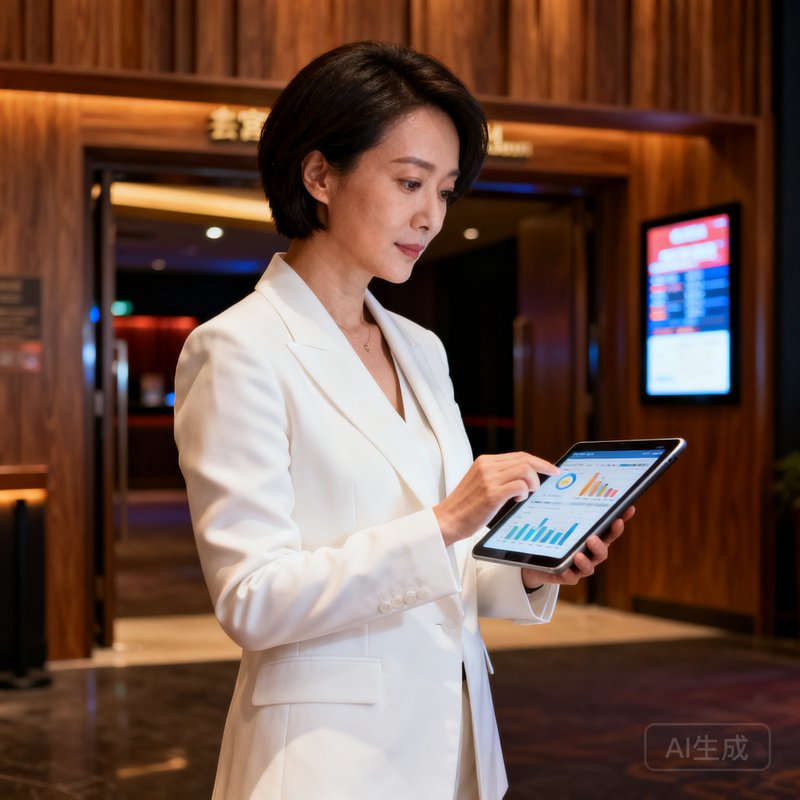 广东会贵宾厅集团运营总监陈雅文女士，年约38岁，短发干练形象，身着白色西装外套，站在影院贵宾厅入口处手持平板电脑查看运营数据