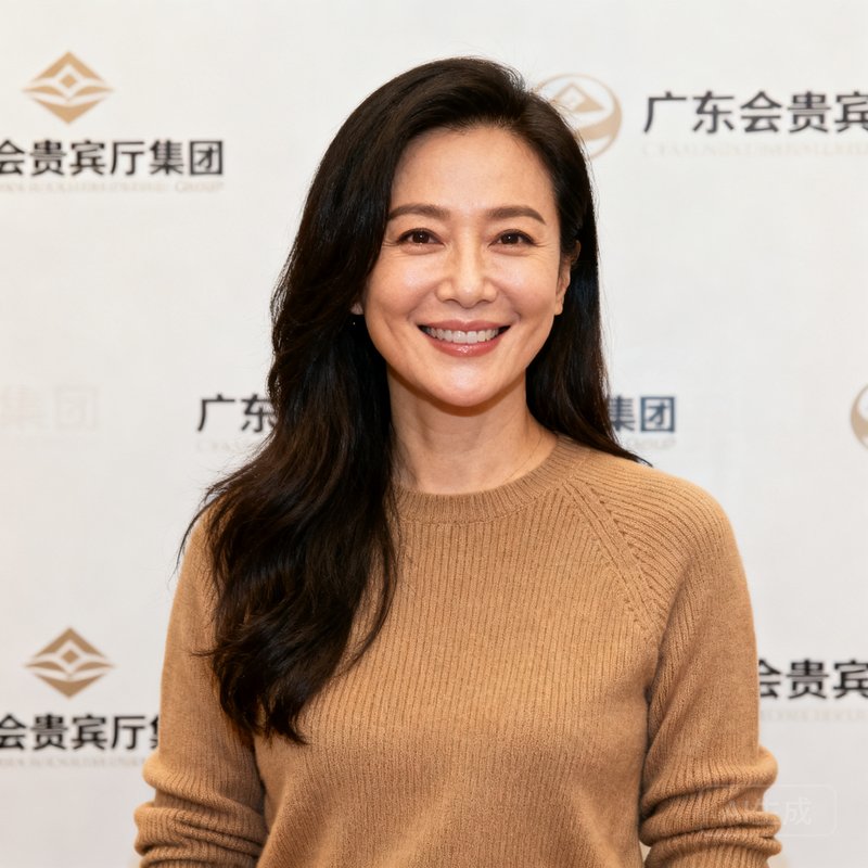 广东会贵宾厅集团品牌总监苏敏女士，年约35岁，长发知性形象，身着驼色针织衫，在品牌活动背景板前微笑面对镜头
